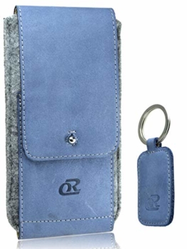 OrLine Handytasche für Honor 7C mit Silikon Case. Hülle mit Verschluß und EC-Kartenfach aus Echtleder. Blau-Grau Etui aus Leder und Filz. Die Schlüsselan echt Kuhfell - 1