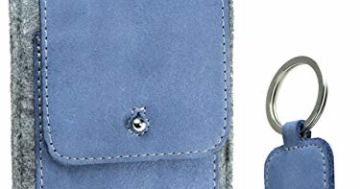 OrLine Handytasche für Honor 7C mit Silikon Case. Hülle mit Verschluß und EC-Kartenfach aus Echtleder. Blau-Grau Etui aus Leder und Filz. Die Schlüsselan echt Kuhfell - 1