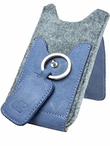 OrLine Handytasche für Honor 7C mit Silikon Case. Hülle mit Verschluß und EC-Kartenfach aus Echtleder. Blau-Grau Etui aus Leder und Filz. Die Schlüsselan echt Kuhfell - 6