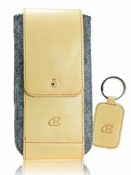 OrLine Handytasche für LG K10 LTE mit Silikon Case. Hülle mit Verschluß und EC-Kartenfach aus Echtleder. Beige-Grau Etui aus Leder und Filz. Die Schlüsselan echt Kuhfell - 1