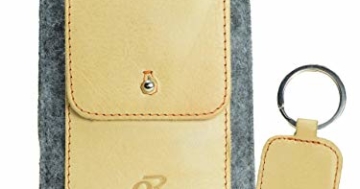 OrLine Handytasche für LG K10 LTE mit Silikon Case. Hülle mit Verschluß und EC-Kartenfach aus Echtleder. Beige-Grau Etui aus Leder und Filz. Die Schlüsselan echt Kuhfell - 1