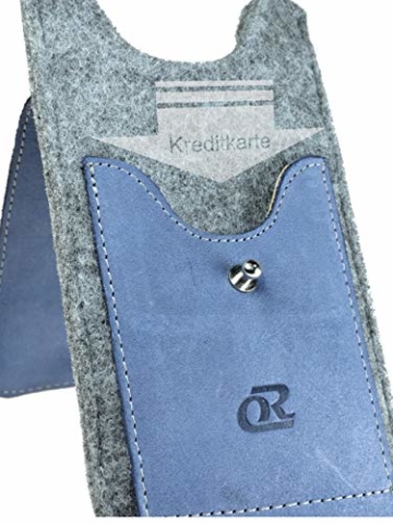 OrLine Handytasche für Xiaomi Poco F1 mit Silikon Case. Hülle mit Verschluß und EC-Kartenfach aus Echtleder. Blau-Grau Etui aus Leder und Filz. Die Schlüsselan echt Kuhfell - 3